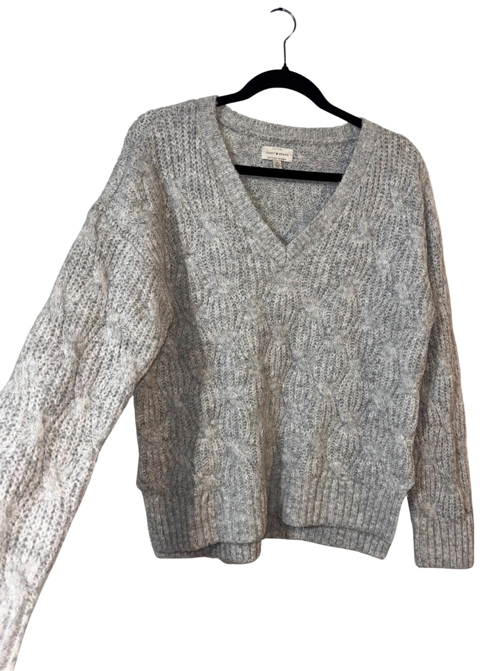 Lucky Brand Heather Light Gray Cable V-Neck Sweater